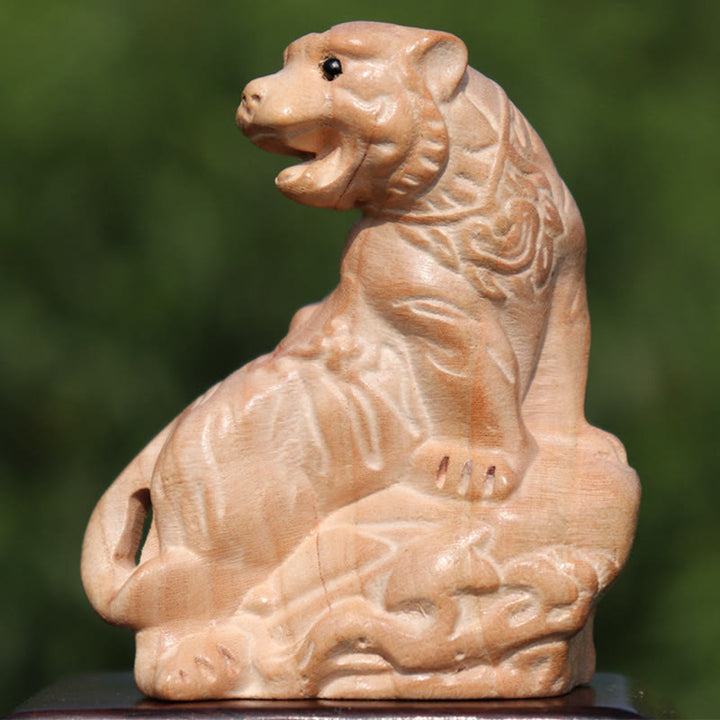 Buddha Stones Année du serpent Caractère du zodiaque chinois Fu Statue en bois de pêche Décoration de la maison - Tigre escaladant la montagne - Hauteur 11,5 cm - image 14