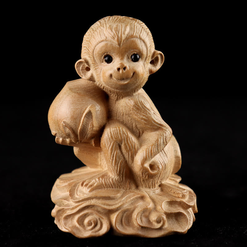Buddha Stones Année du serpent Caractère du zodiaque chinois Fu Statue en bois de pêche Décoration de la maison - Monkey Peach (aléatoire orienté vers la gauche/droite) - Hauteur 11,5 cm - image 25