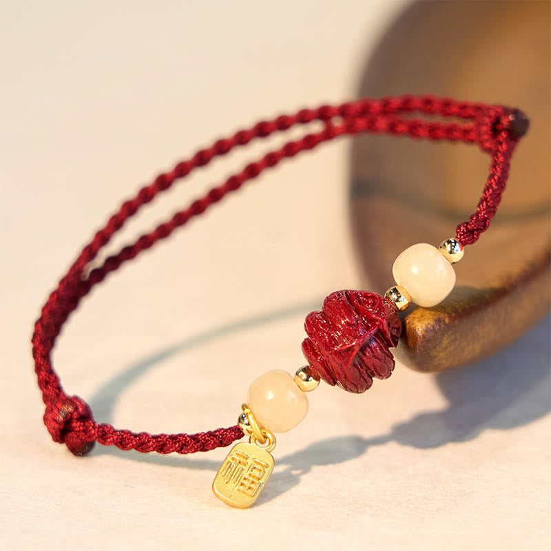 Bracelet en corde porte-bonheur en jade Hetian Buddha Stones et cinabre naturel, signe du zodiaque chinois