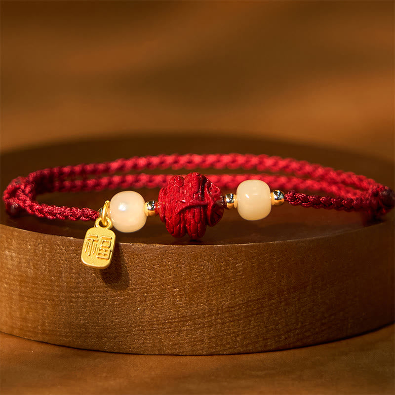 Bracelet en corde porte-bonheur en jade Hetian Buddha Stones et cinabre naturel, signe du zodiaque chinois