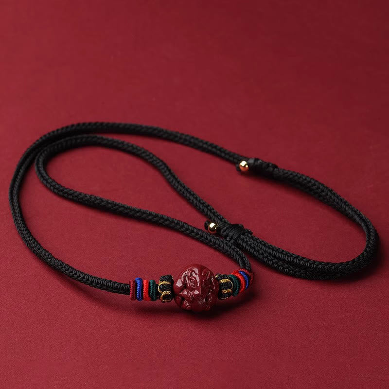 Collier avec pendentif en corde noire et Buddha Stones et cinabre, signe du zodiaque chinois - Rat cinabre - image 1