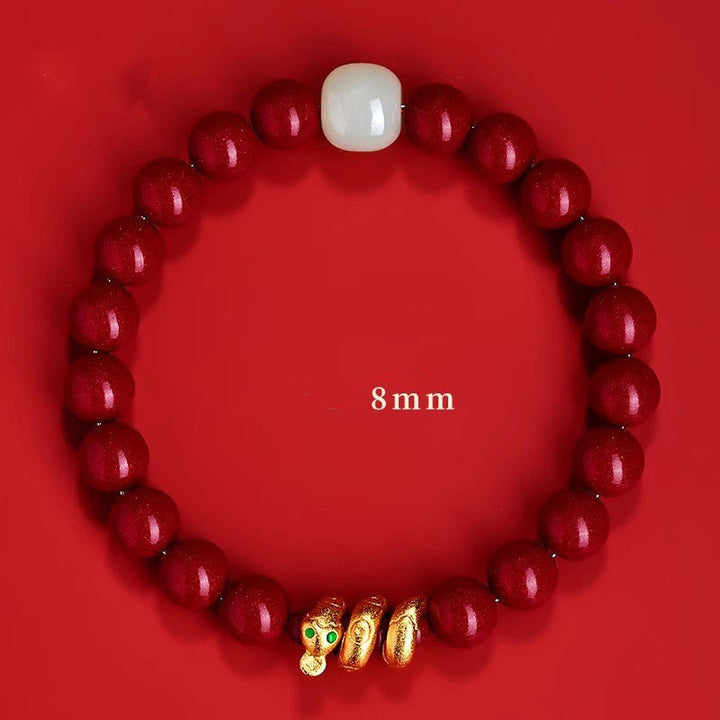 Bracelet de bénédiction de l'année du serpent en jade Hetian avec perles de cinabre et Buddha Stones