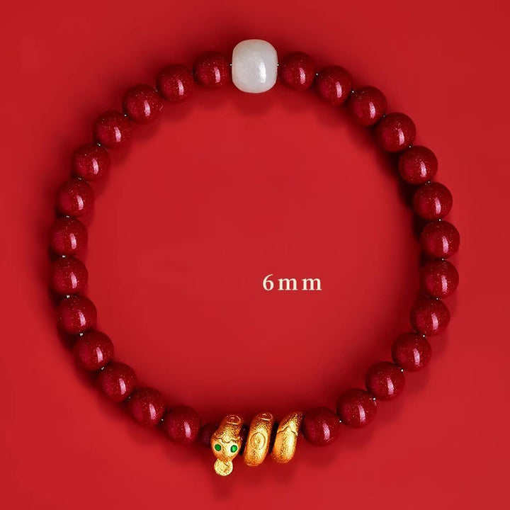 Bracelet de bénédiction de l'année du serpent en Buddha Stones de cinabre et jade Hetian - Serpent en jade Hetian cinabre 6 mm (Tour de poignet : 15 cm) - image 16