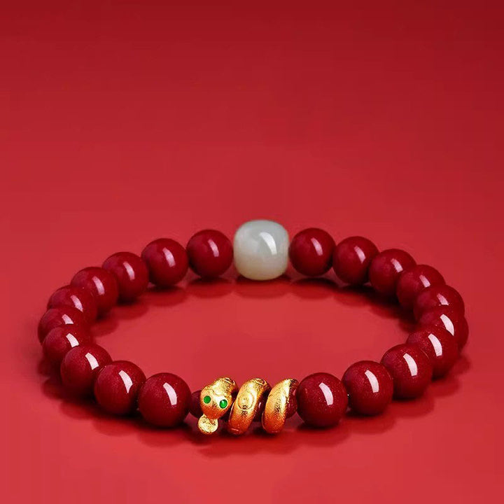 Bracelet de bénédiction de l'année du serpent en Buddha Stones de cinabre et jade Hetian - Serpent en jade Hetian cinabre de 8 mm (Tour de poignet : 15 cm) - image 0