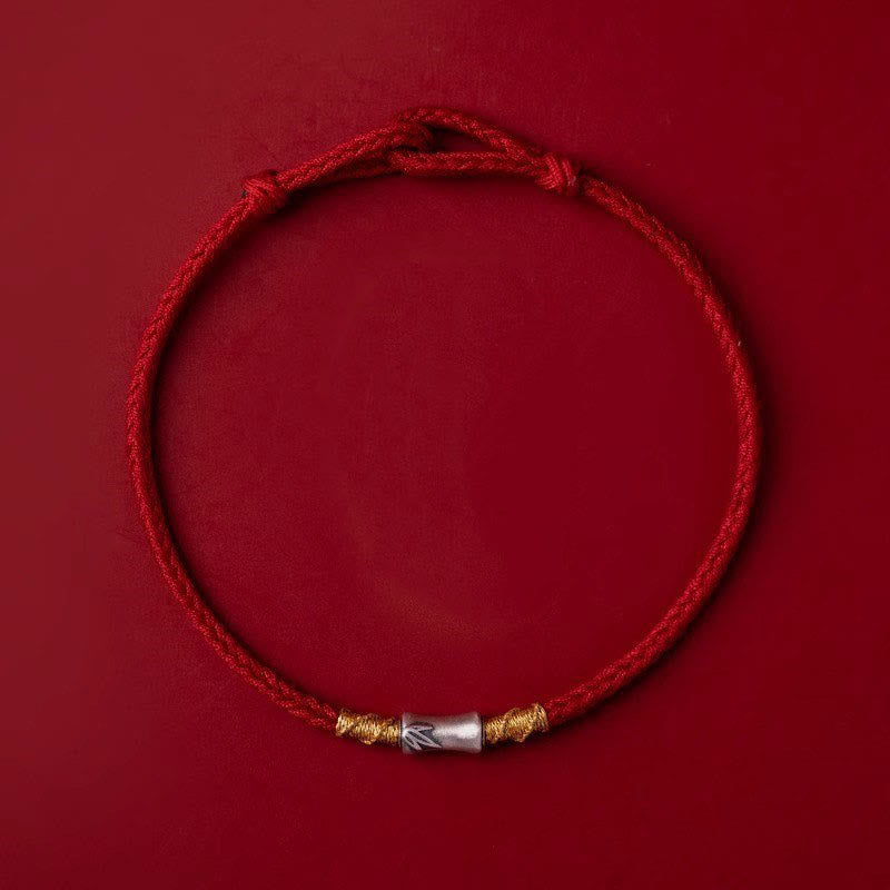 Bracelet tressé porte-bonheur en argent sterling 925 fait main avec motif bambou et cordon rouge Buddha Stones