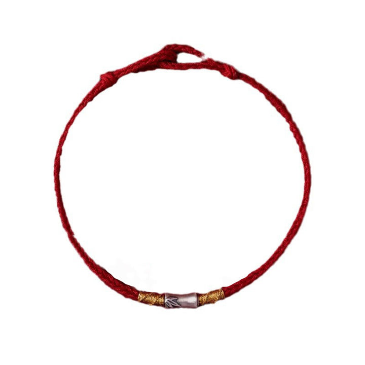Bracelet tressé porte-bonheur en argent sterling 925 fait main avec motif bambou et cordon rouge Buddha Stones