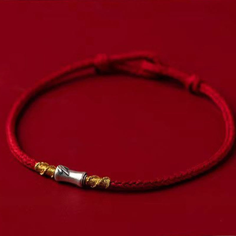 Bracelet tressé porte-bonheur en argent sterling 925 fait main avec motif bambou et cordon rouge Buddha Stones