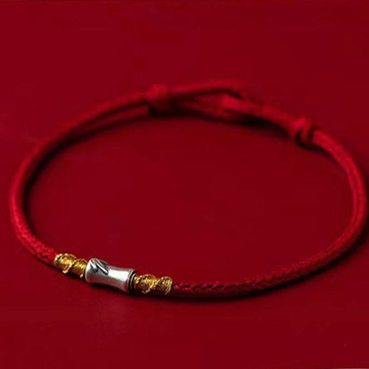 Bracelet tressé porte-bonheur en argent sterling 925 fait main avec motif bambou et cordon rouge Buddha Stones