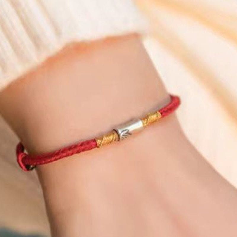 Bracelet tressé porte-bonheur en argent sterling 925 fait main avec motif bambou et cordon rouge Buddha Stones