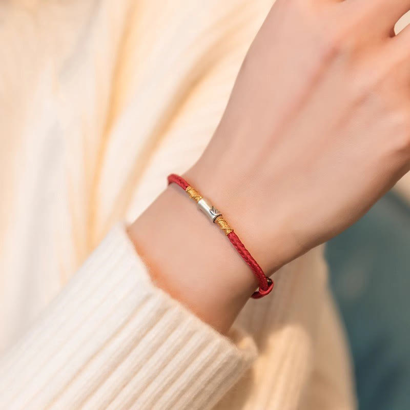 Bracelet tressé porte-bonheur en argent sterling 925 fait main avec motif bambou et cordon rouge Buddha Stones