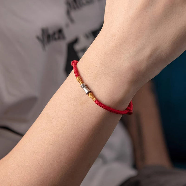 Bracelet tressé porte-bonheur en argent sterling 925 fait main avec motif bambou et cordon rouge Buddha Stones