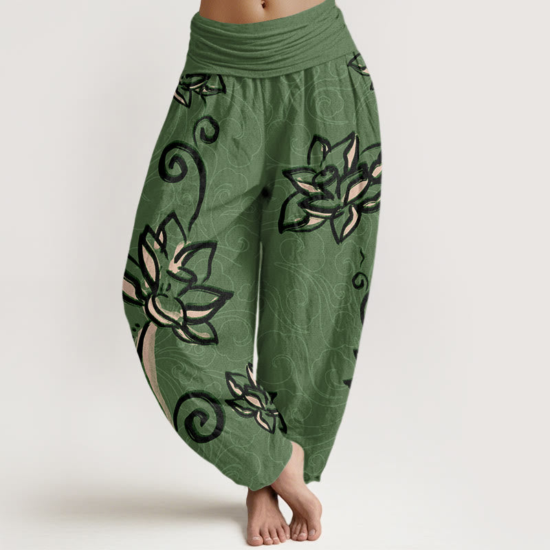 Pantalon Buddha Stones décontracté à taille élastique pour femme avec motif de lotus et nuages ​​de bon augure - Vert mer moyen - US22，UK/AU26，EU54 (6XL) - image 0
