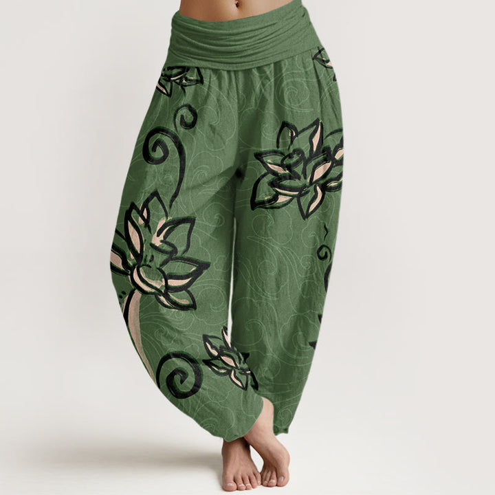 Pantalon harem à taille élastique pour femme, en coton décontracté, orné de lotus et de nuages ​​porte-bonheur, avec motif de Buddha Stones - Vert mer moyen - US22，UK/AU26，EU54 (6XL) - image 0