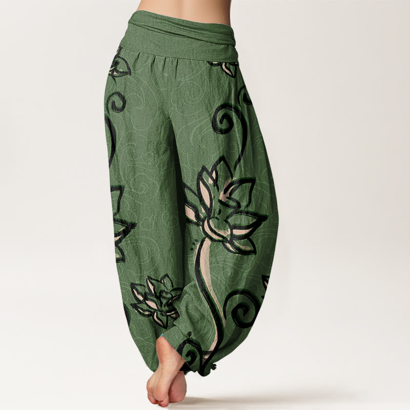 Pantalon Buddha Stones décontracté à taille élastique pour femme avec motif de lotus et nuages ​​de bon augure - image 1