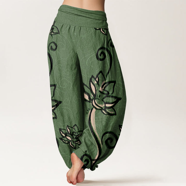 Pantalon harem à taille élastique pour femme, en coton décontracté, orné de lotus et de nuages ​​porte-bonheur, avec motif de Buddha Stones - image 1