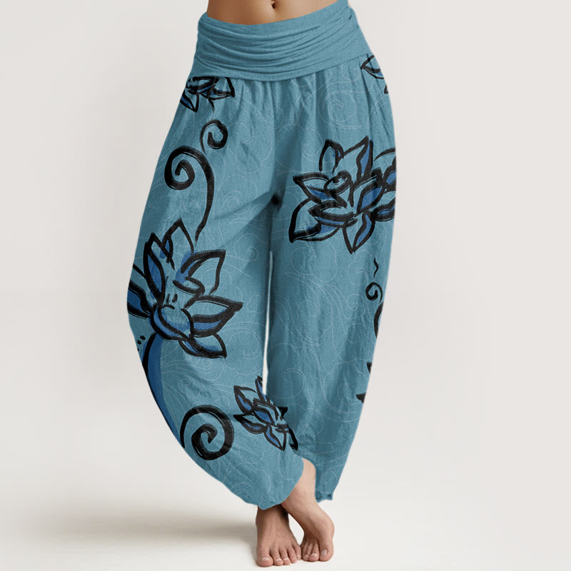 Pantalon harem à taille élastique pour femme, en coton décontracté, orné de lotus et de nuages ​​porte-bonheur, avec motif de Buddha Stones - Turquoise moyen - US22，UK/AU26，EU54 (6XL) - image 4