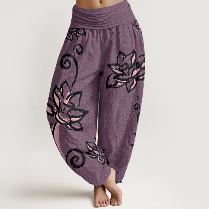 Pantalon Buddha Stones décontracté à taille élastique pour femme avec motif de lotus et nuages ​​de bon augure - Magenta foncé - US22，UK/AU26，EU54 (6XL) - image 7