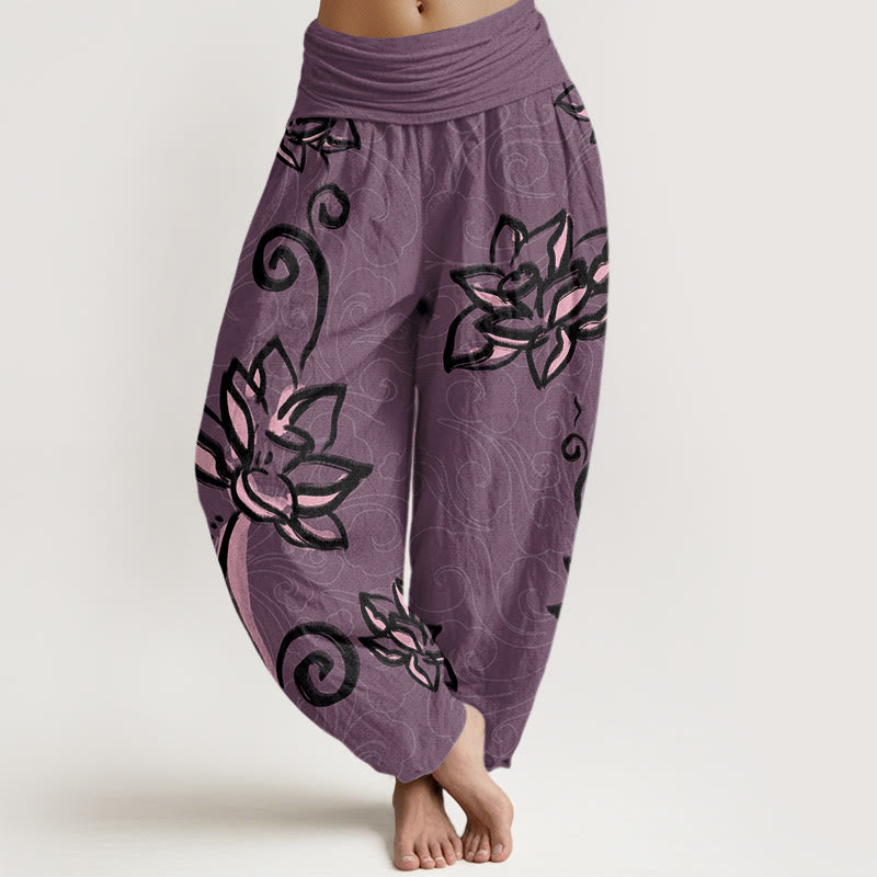 Pantalon harem à taille élastique pour femme, en coton décontracté, orné de lotus et de nuages ​​porte-bonheur, avec motif de Buddha Stones - Magenta foncé - US22，UK/AU26，EU54 (6XL) - image 7