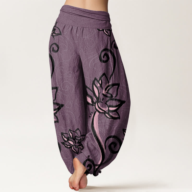 Pantalon Buddha Stones décontracté à taille élastique pour femme avec motif de lotus et nuages ​​de bon augure - image 8