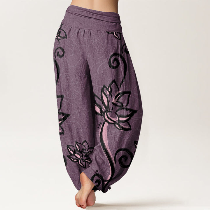 Pantalon Buddha Stones décontracté à taille élastique pour femme avec motif de lotus et nuages ​​de bon augure - image 8