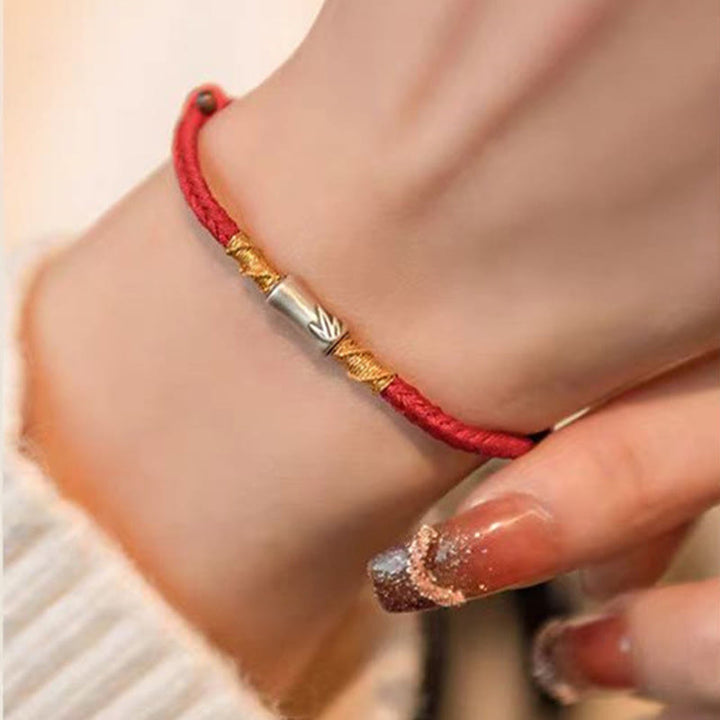Bracelet tressé porte-bonheur en argent sterling 925 fait main avec motif bambou et cordon rouge Buddha Stones