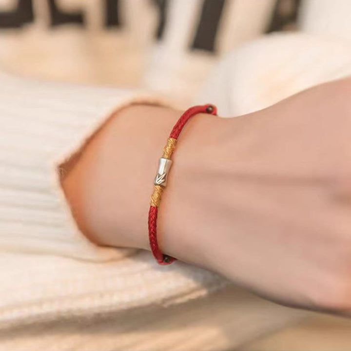 Bracelet tressé porte-bonheur en argent sterling 925 fait main avec motif bambou et cordon rouge Buddha Stones