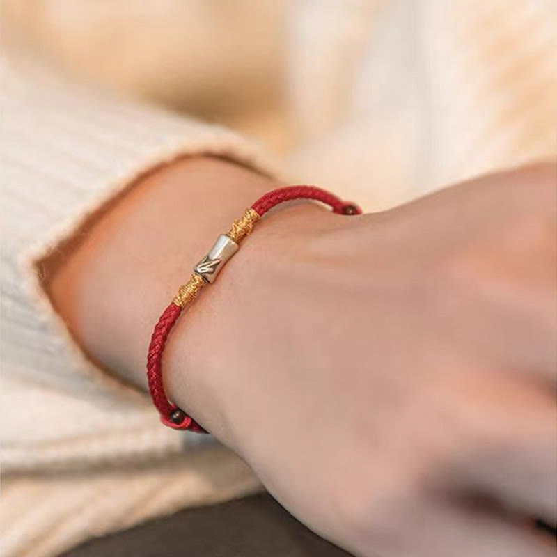 Bracelet tressé porte-bonheur en argent sterling 925 fait main avec motif bambou et cordon rouge Buddha Stones