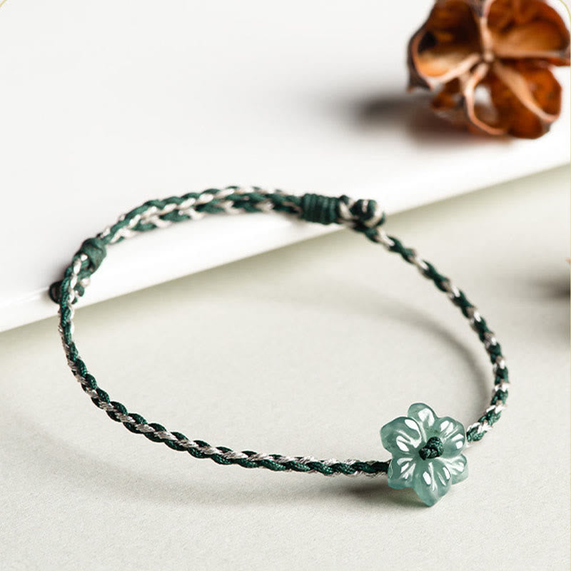 Bracelet de prospérité tressé en jade orchidée verte fait main par Buddha Stones