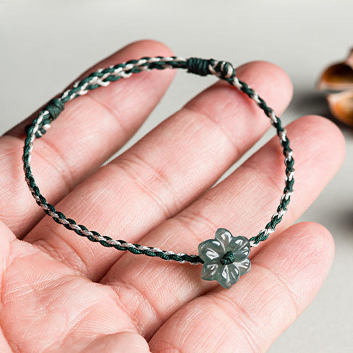 Bracelet de prospérité tressé en jade orchidée verte fait main par Buddha Stones