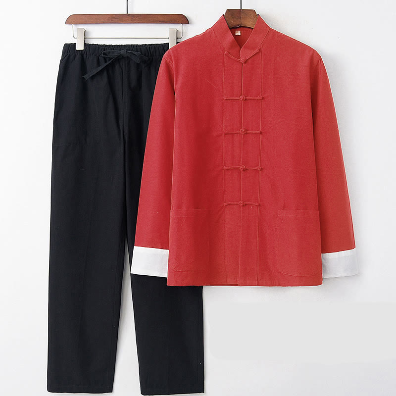 Ensemble 2 pièces pour homme avec chemise à manches longues et pantalon en coton à boutons de Buddha Stones - Manches rouges et blanches - US/UK/AU46，EU56 (5XL) - image 2