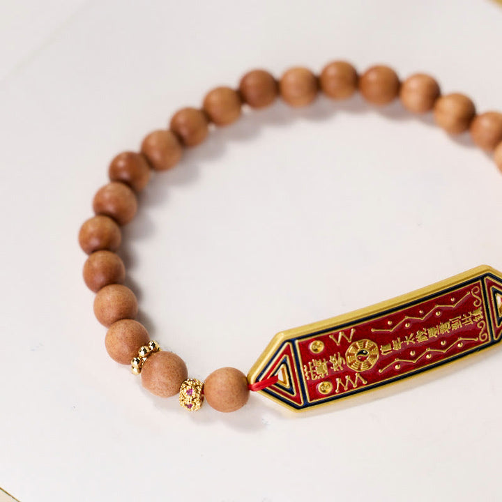 Bracelet d'harmonie en cuivre plaqué or avec perles en bois de santal et Buddha Stones, caractère chinois Bagua Yin Yang