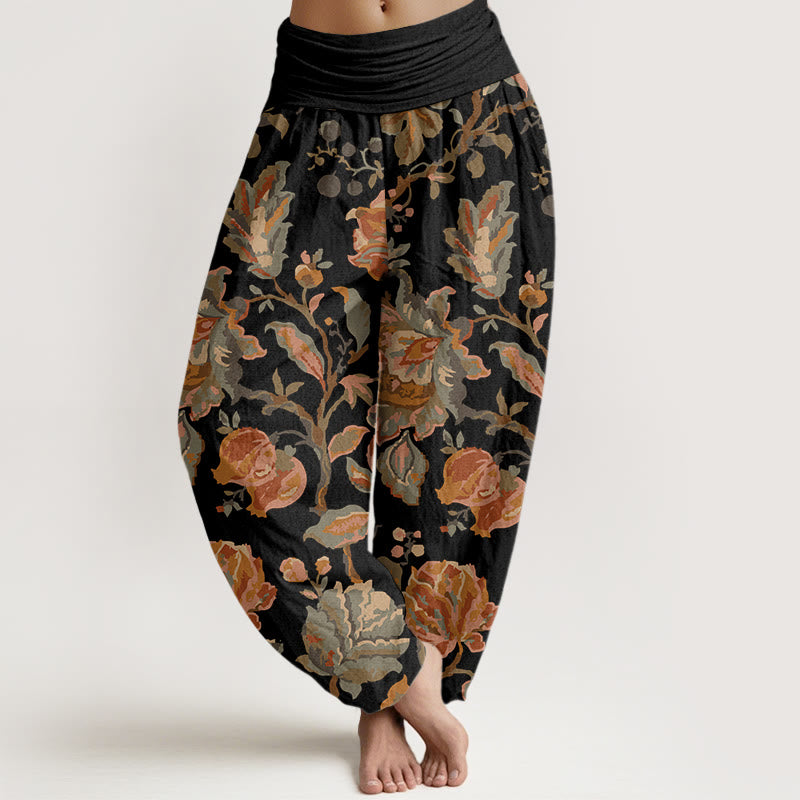 Pantalon Buddha Stones décontracté à taille élastique pour femme avec motif de fleurs en fleurs et bourgeons - Noir - US22，UK/AU26，EU54 (6XL) - image 1