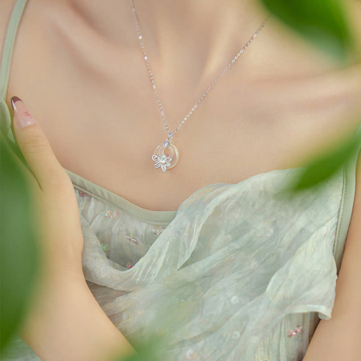 Collier pendentif lotus positif en argent sterling 999 avec boucle de paix en calcédoine et Buddha Stones
