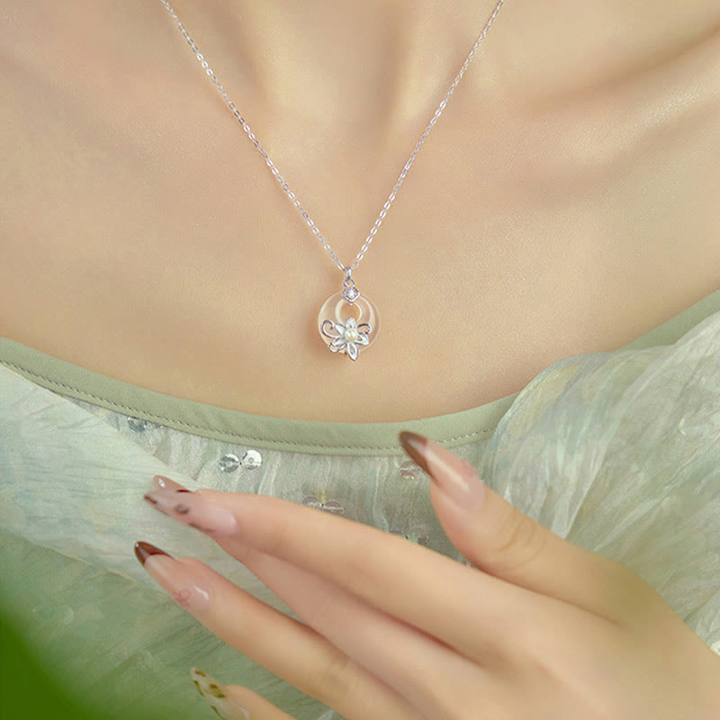 Collier pendentif lotus positif en argent sterling 999 avec boucle de paix en calcédoine et Buddha Stones