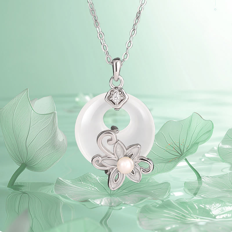 Collier pendentif lotus positif en argent sterling 999 avec boucle de paix en calcédoine et Buddha Stones