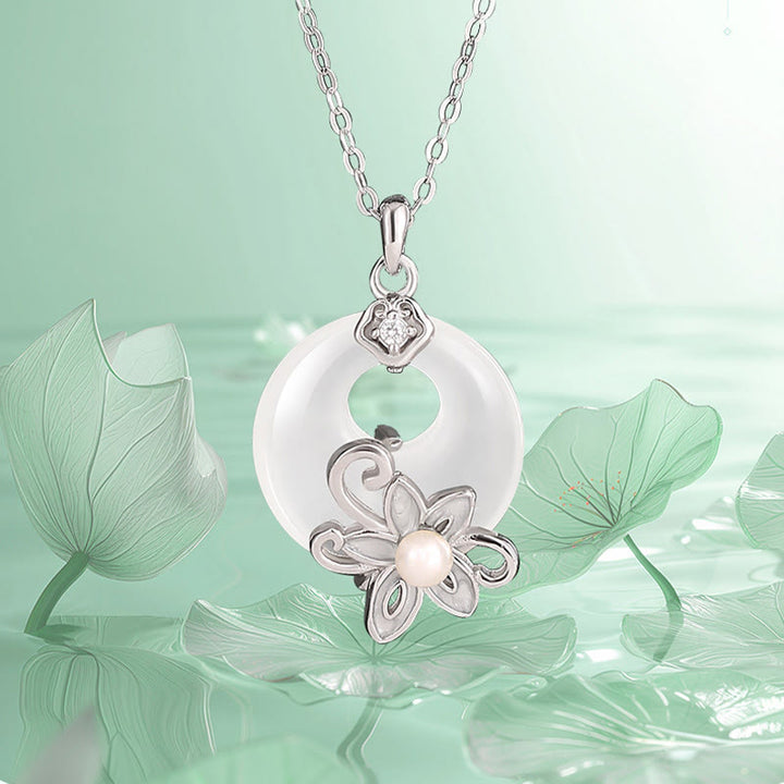 Collier pendentif lotus positif en argent sterling 999 avec boucle de paix en calcédoine et Buddha Stones
