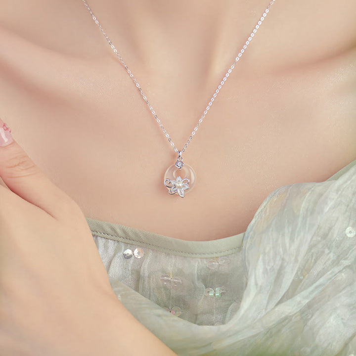 Collier pendentif lotus positif en argent sterling 999 avec boucle de paix en calcédoine et Buddha Stones
