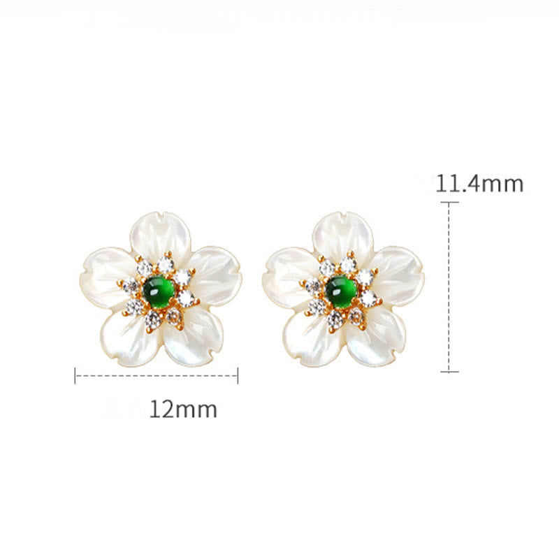 Buddha Stones Boucles d'oreilles en argent sterling 925 avec pierre de jade Tridacna et bénédiction de fleur