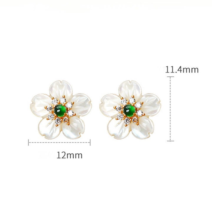 Buddha Stones Boucles d'oreilles en argent sterling 925 avec pierre de jade Tridacna et bénédiction de fleur