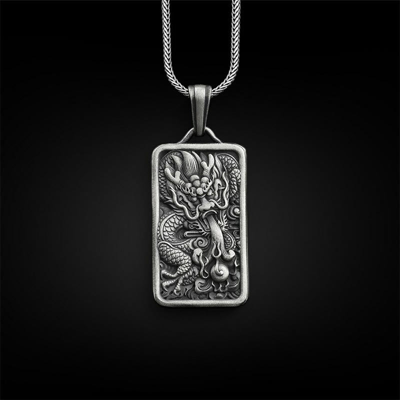 Collier pendentif protection succès dragon en étain pur Buddha Stones - Pendentif dragon et chaîne en acier titane - image 1