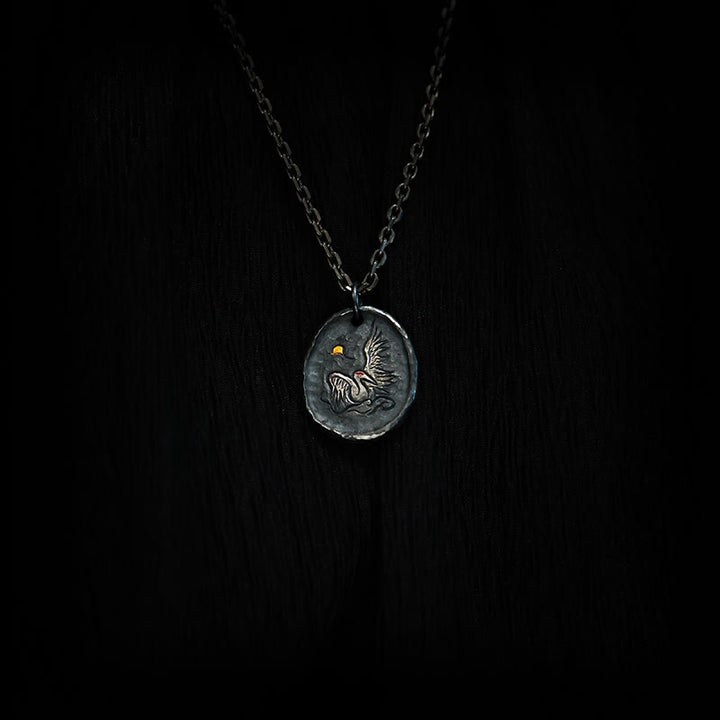 Collier Buddha Stones en argent sterling 999 et or 24 carats avec grue et nuages propices