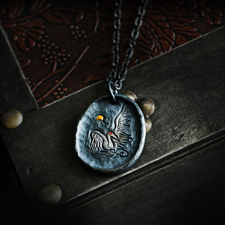 Collier Buddha Stones en argent sterling 999 et or 24 carats avec grue et nuages propices