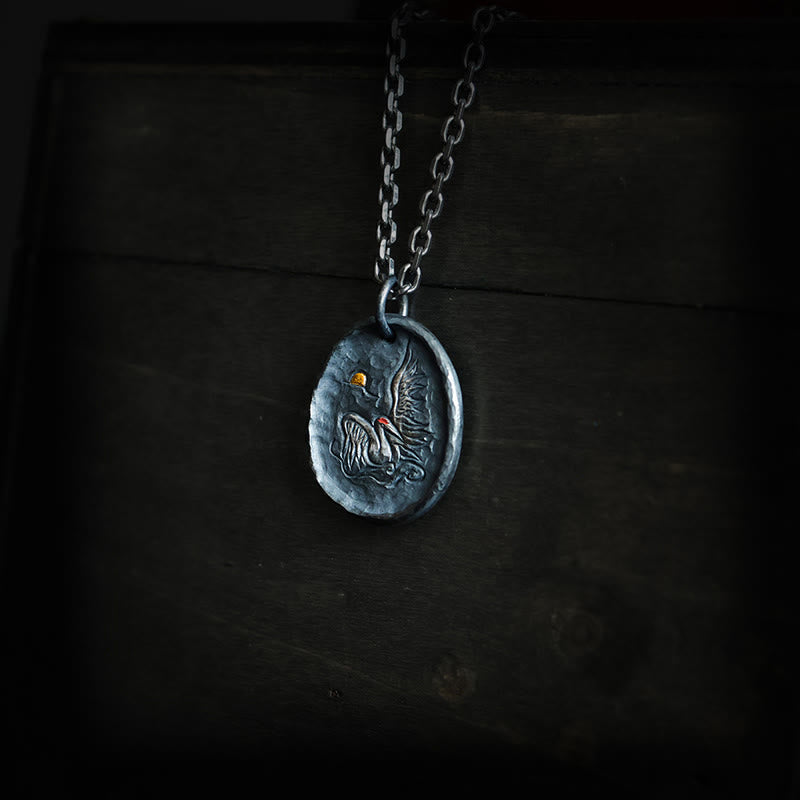 Collier Buddha Stones en argent sterling 999 et or 24 carats avec grue et nuages propices