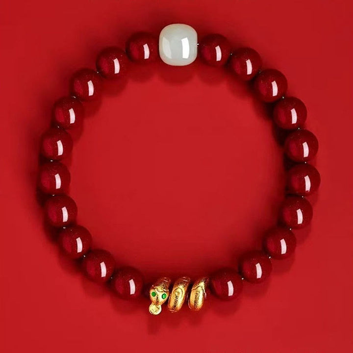 Bracelet de bénédiction de l'année du serpent en Buddha Stones de cinabre et jade Hetian - image 2