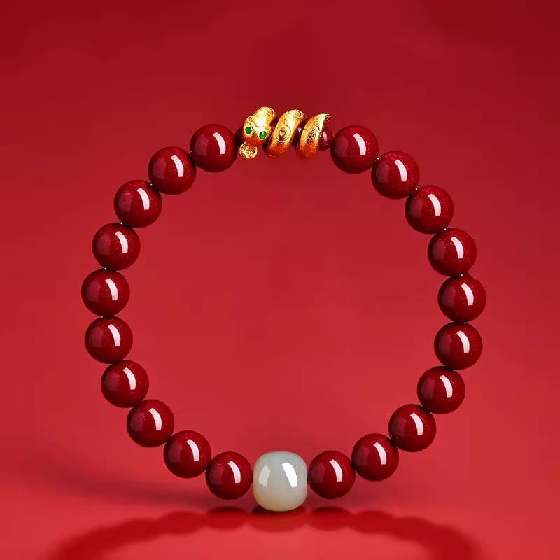 Bracelet de bénédiction de l'année du serpent en jade Hetian avec perles de cinabre et Buddha Stones