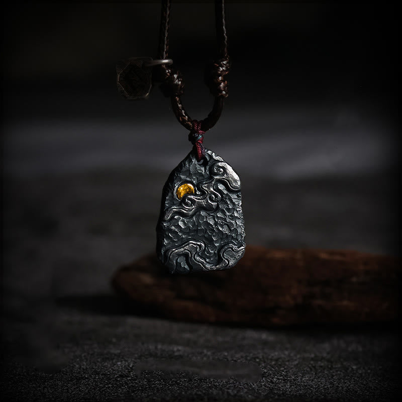 Collier pendentif de protection des nuages ​​de bon augure en argent sterling 999 et or 24 carats Buddha Stones - Corde cirée en argent sterling 999 - image 0
