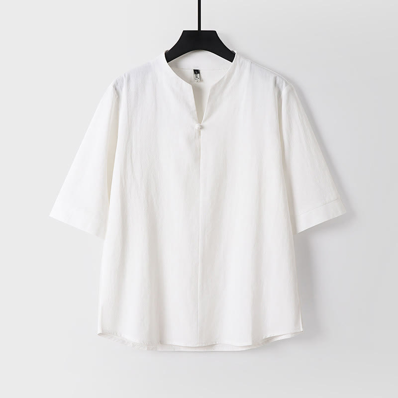 Chemise homme en coton et lin à manches trois-quarts et un bouton avec Buddha Stones - Blanc - US/UK/AU54，EU64 (9XL) - image 1