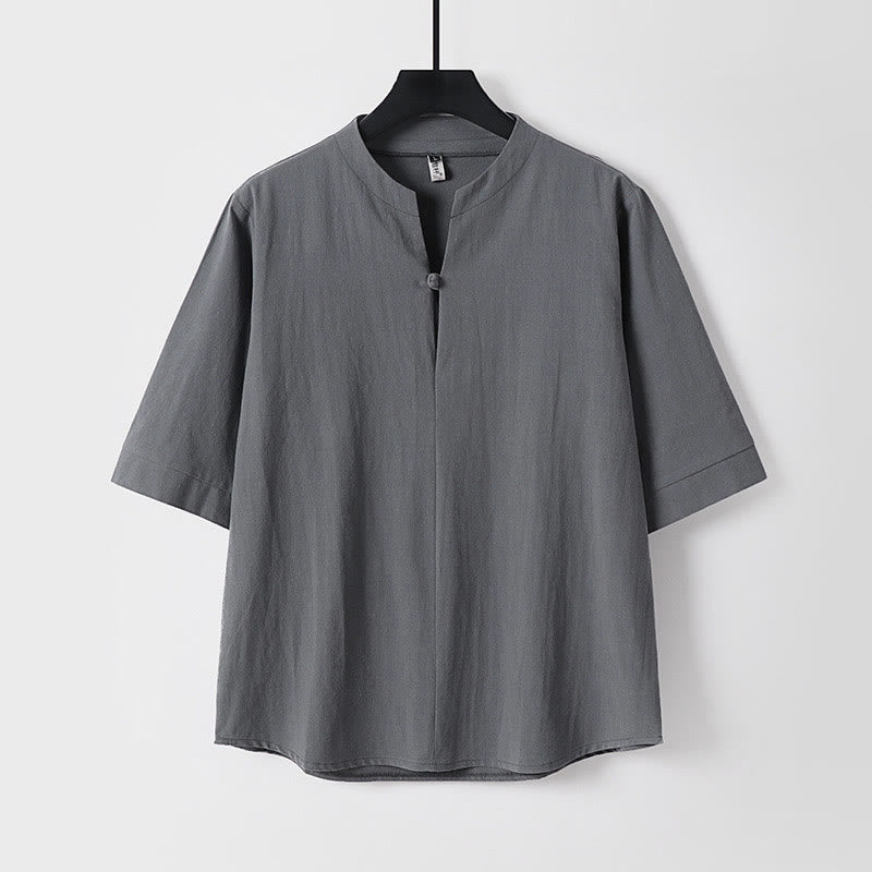Chemise homme en coton et lin à manches trois-quarts et un bouton avec Buddha Stones - Gris - US/UK/AU54，EU64 (9XL) - image 2