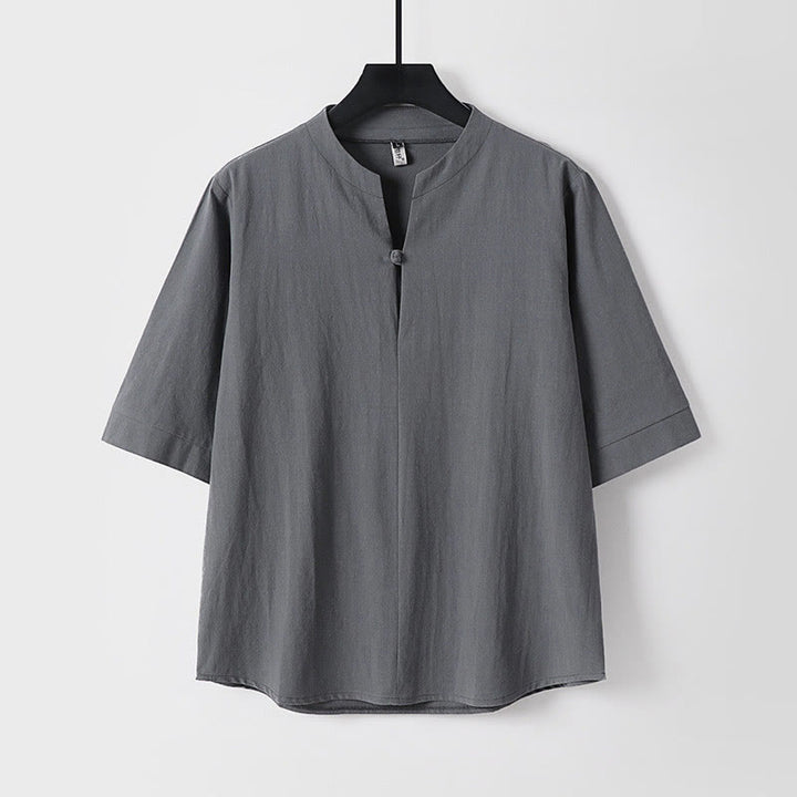 Chemise homme en coton et lin à manches trois-quarts et un bouton avec Buddha Stones - Gris - US/UK/AU54，EU64 (9XL) - image 2