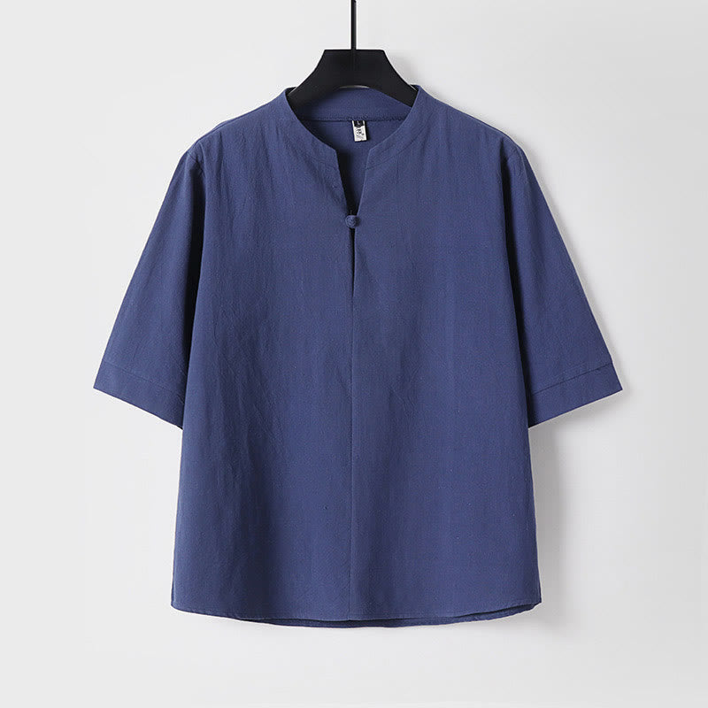 Chemise homme en coton et lin à manches trois-quarts et un bouton avec Buddha Stones - Bleu foncé - US/UK/AU54，EU64 (9XL) - image 4